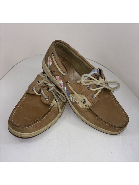 Sperry Top Sider Shoes - Sperry Top-sider Beige Leather Pastel Plaid Boat Shoes Size 7